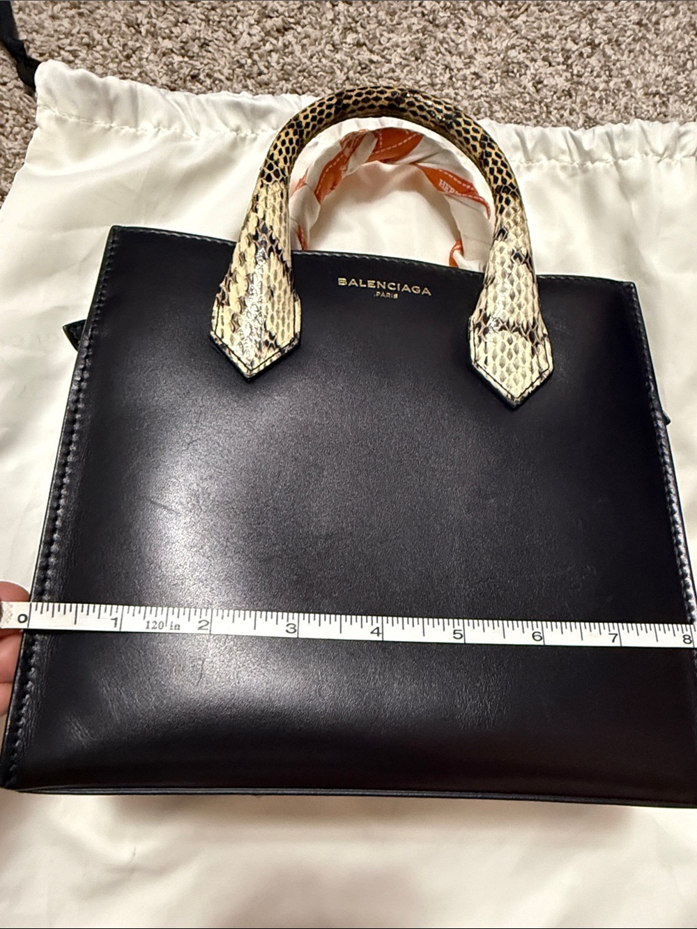 Balenciaga Black Leather Satchel with Snakeskin-Print Handles - Picture 13 of 15